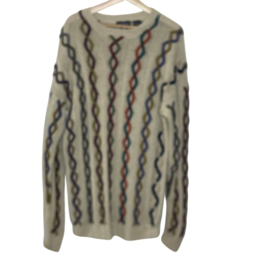 Bachrach Mens XL Silk Cotton Blend Cable Knit Sweater Multicolor Vintage Cream